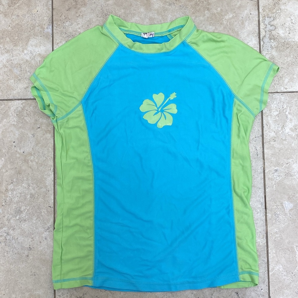 Girls Swim Shirt w Cap Sleeves Blue & Lime Green w/ Hawaiian Flower XL 14/16